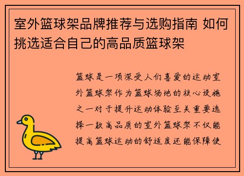 室外篮球架品牌推荐与选购指南 如何挑选适合自己的高品质篮球架